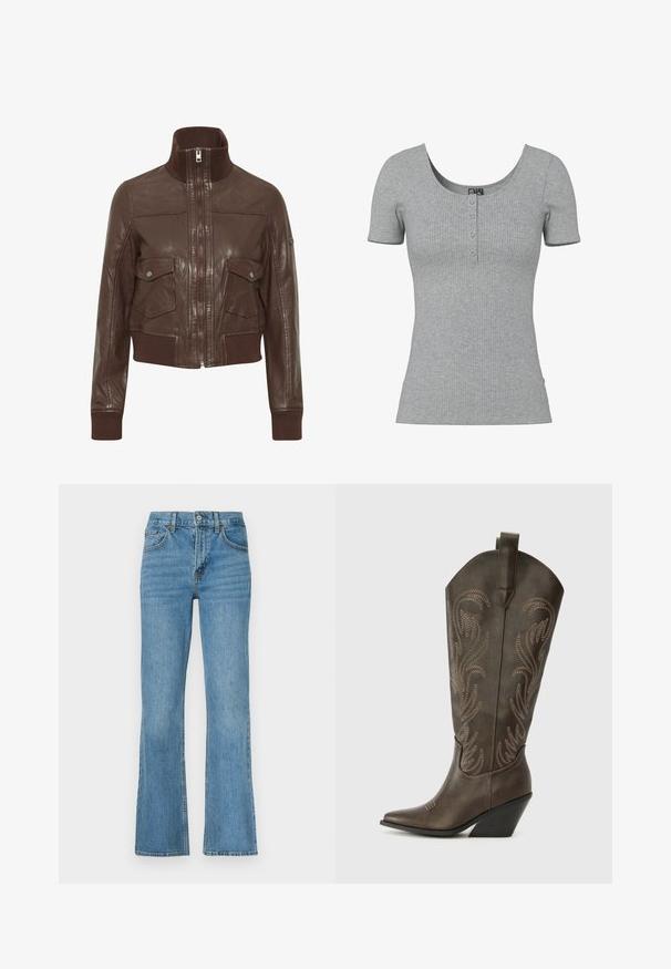 Oxmo OXDENNY - Veste en cuir - chestnut; Haut gris côtelé à manches courtes avec un col rond en U et quatre petits boutons en ligne au centre devant.; Jean en denim bleu clair évasé, doté d'une taille haute, d'un design standard à cinq poches et de coutures décoratives le long des coutures.; Botte de cowboy en cuir marron avec un embout pointu, un talon compensé et des broderies décoratives. Dispose d'un long tige et d'une languette de tirage.