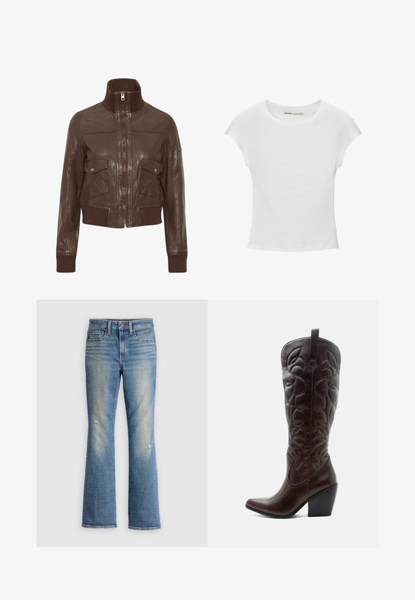 Oxmo OXDENNY - Veste en cuir - chestnut; T-shirt en coton blanc avec manches courtes retroussées, encolure ronde et ourlet droit. Texture lisse sans motifs ni accents visibles.; Jean en denim bleu délavé avec légère usure sur les cuisses, jambes droites, poches avant et passants pour ceinture sur un fond gris.; Botte de cowboy haute en cuir marron foncé avec motifs décoratifs cousus, bout pointu et talon bloc empilé.