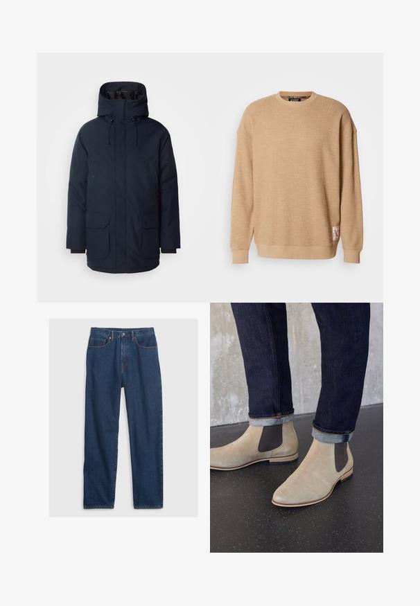 Tumedast sinisest parka jakk kõrge kraega, reguleeritava kapuutsiga, kahe esise palliga taskuga ja soonikkätega. Valmistatud tekstureeritud veekindlast kangast.; Scotch & Soda TEXTURED - Pusa - tannin; Tumesinised teksad sirge lõikega, viie tasku disainiga, ülemise nupuga ja vaskräätsade aktsentidega.; Heledat beeži seemisõrmikud tume elastsete küljeosadega, kantud tumedate ülesrullitud teksadega mustal laikudega põrandal.