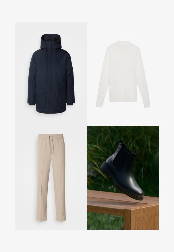 Navyblauwe parka-jas met een hoge kraag, verstelbare capuchon, twee voorste klepzakken en ribgebreide manchetten. Gemaakt van gestructureerde waterafstotende stof.; Witte pullovertrui met een hoge halslijn, lange mouwen en geribbelde boorden en zoom. Gemaakt van een zachte gebreide stof. Eenvoudig en aansluitend ontwerp.; Beige, relaxte broek gemaakt van zachte stof, met een elastische tailleband met een trekkoord en rechte pijpen met minimale accenten.; Zwarte leren enkelboot met elastische zijpanelen zwevend boven een houten bank, groene loof achtergrond.