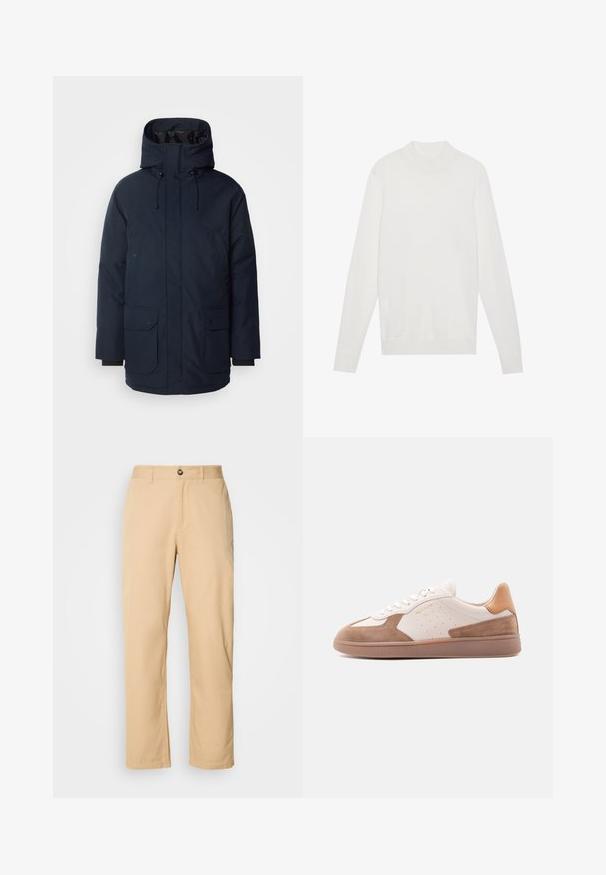 Mørkeblå parkajakke med høj krave, justerbar hætte, to frontlommer med klap og ribbede ærmer. Fremstillet af tekstureret vandafvisende stof.; Hvid pullover sweater med høj halsudskæring, lange ærmer og ribbede manchetter og kant. Fremstillet af et blødt strikket stof. Simpelt og tætsiddende design.; Khaki bomuldsbukser med lige ben-design, der har en frontknaplukning og bæltestropper. Glat tekstur og ensartet overflade.; Hvid og tan lavtop-sneaker med ruskindsdetaljer, perforerede sider, hvide snørebånd og en struktureret gummisål, vist fra siden på hvid baggrund.