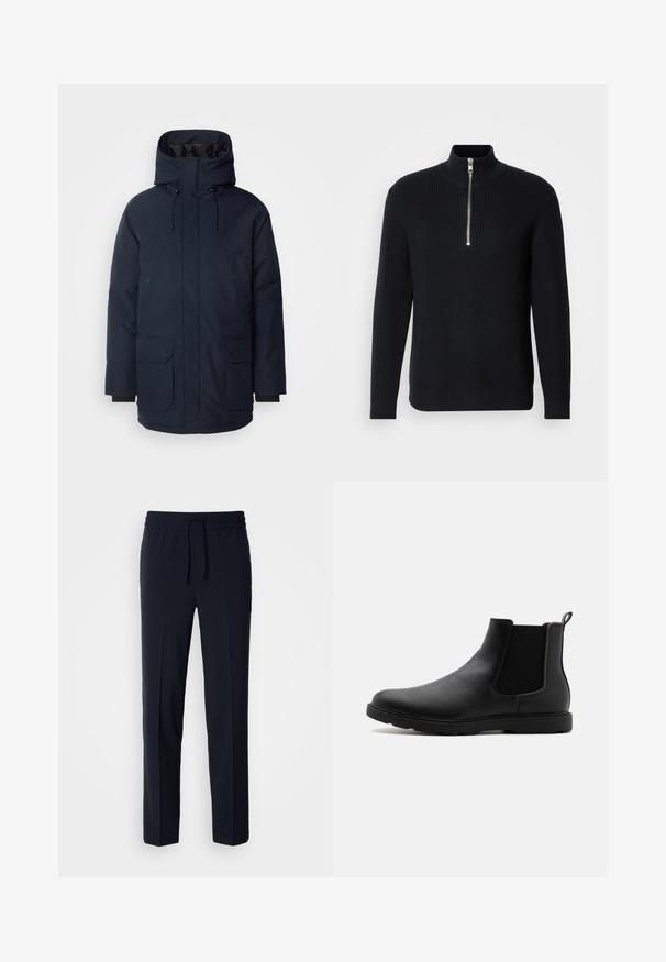 Marineblaue Parkajacke mit hohem Kragen, verstellbarem Kapuzen, zwei Fronttaschen mit Klappe und gerippten Bündchen. Hergestellt aus strukturiertem, wasserabweisendem Stoff.; Schwarzer, gerippter Strickpullover mit hohem Kragen und kurzem Reißverschluss. Hat lange Ärmel und einen geraden Saum mit gerippten Bündchen.; Marineblaue, leichte Hose mit einem elastischen Bund und verstellbarem Kordelzug, ausgestattet mit einem geraden Schnitt und glatter Textur.; Schwarze Leder-Chelsea-Stiefel mit elastischen Seitenpaneelen, einem Zugband und einer robusten Gummisohle. Glatte Textur und elegantes Design.