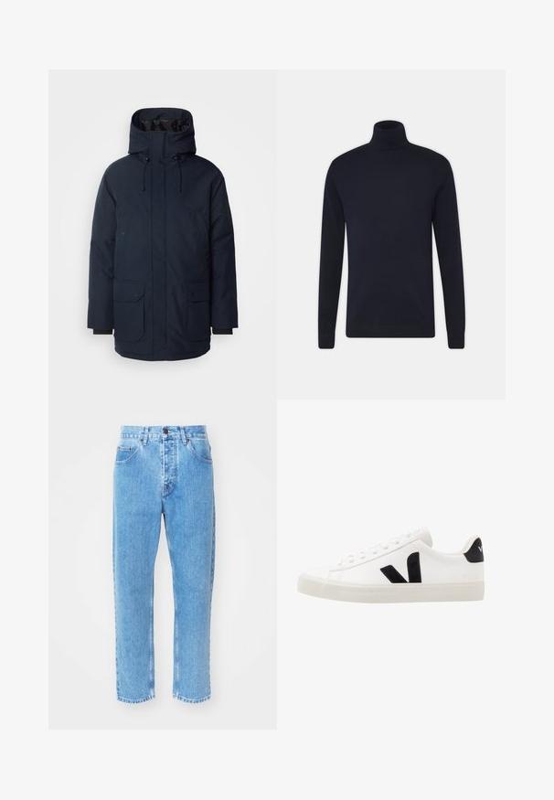 Navyblauwe parka-jas met een hoge kraag, verstelbare capuchon, twee voorste klepzakken en ribgebreide manchetten. Gemaakt van gestructureerde waterafstotende stof.; Navyblauwe coltrui van een gladde brei stof, met lange mouwen en een aansluitend ontwerp. Geen extra patronen of accenten.; Lichtblauwe denim jeans hebben een rechte pijpdesign, vijf zakken en een klassiek knoopsluiting bij de taille.; Witte leren sneaker met zwarte suède accenten; voorzien van een rubberen zool, ronde neus en een klassieke vetersluiting. Zijkant met logo in het zwart.
