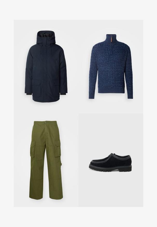 Marineblaue Parkajacke mit hohem Kragen, verstellbarem Kapuzen, zwei Fronttaschen mit Klappe und gerippten Bündchen. Hergestellt aus strukturiertem, wasserabweisendem Stoff.; INDICODE JEANS Strickpullover - navy mix; Olivgrüne Cargo-Hosen aus strapazierfähigem Material, mit zwei seitlichen Taschen, einem bequemen Schnitt und einem Knopfverschluss an der Taille.; Schwarzer Schnürschuh aus Wildleder mit dicker Gummisohle und abgerundeter Spitze, seitlich auf hellem grauem Hintergrund gezeigt.
