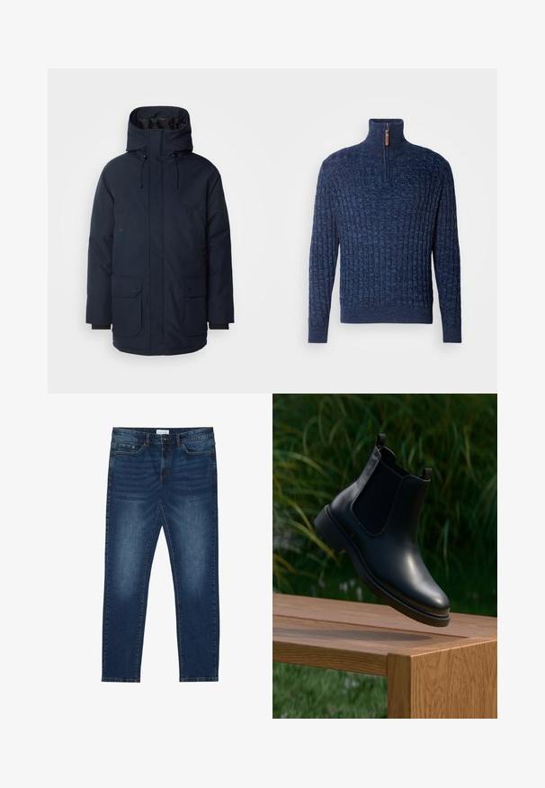 Parka de color azul marino con un collar alto, capucha ajustable, dos bolsillos frontales con solapa y puños acanalados. Fabricada con un tejido texturizado resistente al agua.; INDICODE JEANS Jersey de punto - navy mix; Vaqueros ajustados de color azul oscuro con detalles desgastados, diseño clásico de cinco bolsillos, cierre de botón y presillas para cinturón.; Botín de cuero negro hasta el tobillo con paneles laterales elásticos flotando sobre un banco de madera, con un fondo de follaje verde.