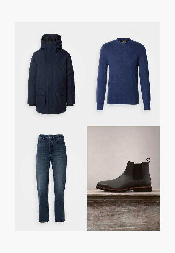 Navyblauwe parka-jas met een hoge kraag, verstelbare capuchon, twee voorste klepzakken en ribgebreide manchetten. Gemaakt van gestructureerde waterafstotende stof.; Scotch & Soda REGULAR FIT CREW NECK - Trui - insignia blue; Donkerblauwe recht gesneden jeans met een sluiting met knoop en rits aan de voorkant, vijf-pocket ontwerp en subtiele vervaging op de dijen en knieën.; Zwarte leren Chelsea boot met elastische zijkanten en een ronde neus, met een gestructureerde zool en subtiele stiksel details, verhoogd boven een houten oppervlak.