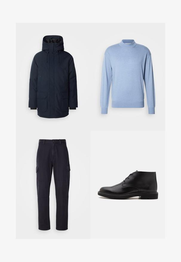 Navyblauwe parka-jas met een hoge kraag, verstelbare capuchon, twee voorste klepzakken en ribgebreide manchetten. Gemaakt van gestructureerde waterafstotende stof.; Scotch & Soda SEASONAL CORE DROPPED SHOULDER MOCK NECK - Trui - faded denim; Marineblauwe cargobroek van een katoenmix, met zijzakken, een rechte pasvorm en zichtbare stikseldetails.; Zwarte leren enkellaars met drie veterogen, een afgeronde neus en platte zool op een effen lichte achtergrond.