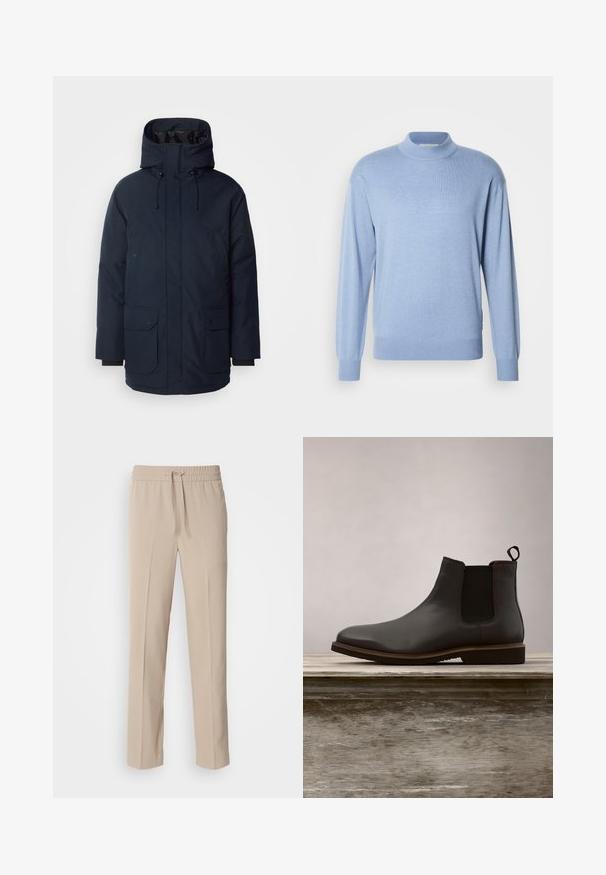 Navyblauwe parka-jas met een hoge kraag, verstelbare capuchon, twee voorste klepzakken en ribgebreide manchetten. Gemaakt van gestructureerde waterafstotende stof.; Scotch & Soda SEASONAL CORE DROPPED SHOULDER MOCK NECK - Trui - faded denim; Beige, relaxte broek gemaakt van zachte stof, met een elastische tailleband met een trekkoord en rechte pijpen met minimale accenten.; Zwarte leren Chelsea boot met elastische zijkanten en een ronde neus, met een gestructureerde zool en subtiele stiksel details, verhoogd boven een houten oppervlak.
