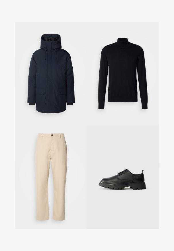 Navyblauwe parka-jas met een hoge kraag, verstelbare capuchon, twee voorste klepzakken en ribgebreide manchetten. Gemaakt van gestructureerde waterafstotende stof.; Zwarte coltrui van zacht materiaal. Heeft lange mouwen, ribgebreide kraag en manchetten, met een gladde textuur en zonder patronen.; Beige katoenen broek met rechte benen, een sluiting met een voorste knoop, zijzakken en een soepele textuur. Minimalistisch ontwerp, zonder zichtbare patronen.; Zwarte leren veterschoenen met een ronde neus, een gestructureerd oppervlak en een chunky rubberen zool met diepe profielen voor grip.