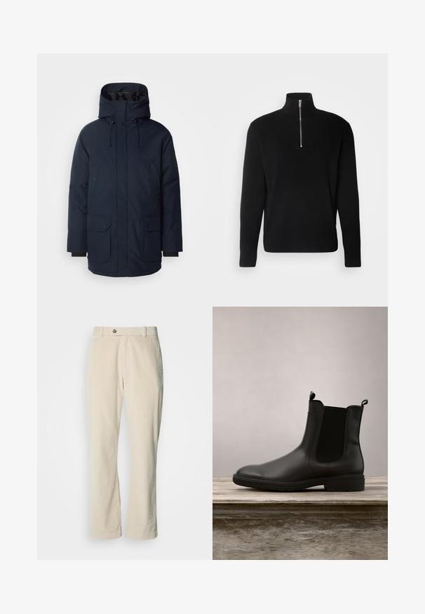 Navyblauwe parka-jas met een hoge kraag, verstelbare capuchon, twee voorste klepzakken en ribgebreide manchetten. Gemaakt van gestructureerde waterafstotende stof.; Lindbergh HALF ZIP RIB KNIT - Trui - black; Beige corduroy broeken met een knoop- en ritssluiting, riemlussen en rechte pijpen op een witte achtergrond.; Zwarte rubberen Chelsea-boot met een gladde afwerking, elastische zijpanelen en trekbanden, met een lage hak en stevige zool.