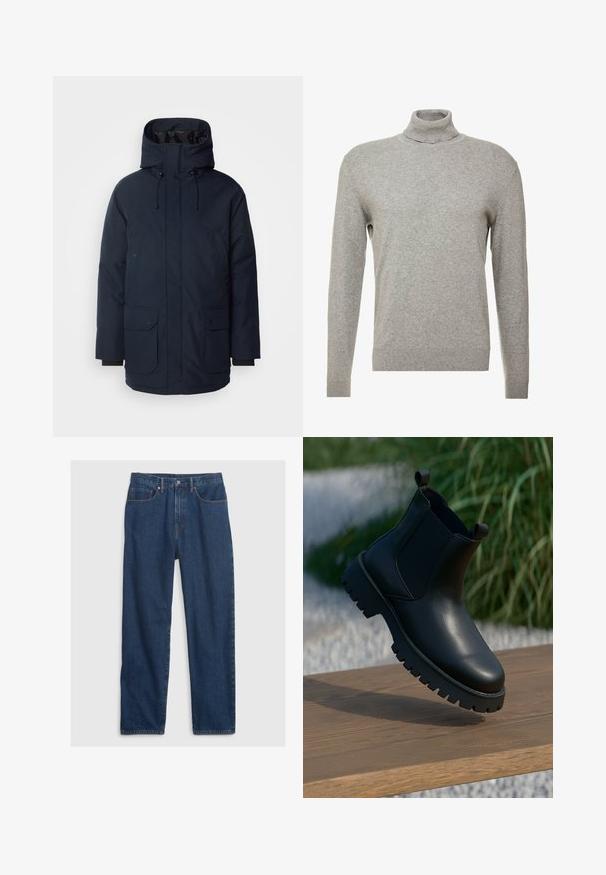 Marineblaue Parkajacke mit hohem Kragen, verstellbarem Kapuzen, zwei Fronttaschen mit Klappe und gerippten Bündchen. Hergestellt aus strukturiertem, wasserabweisendem Stoff.; Grauer Pullover mit hohem Kragen und langen Ärmeln. Hergestellt aus einem glatten, weichen Material mit taillierter Passform und gerippten Akzenten am Saum.; Dunkelblaue Jeans aus Denim im geraden Schnitt, mit Fünf-Taschen-Design, Knopfverschluss und Kupfernieten.; Schwarze Leder-Ankle-Boots mit elastischen Seiteneinsätzen, runder Zehenpartie und grober Laufsohle, auf einer Holzoberfläche präsentiert.