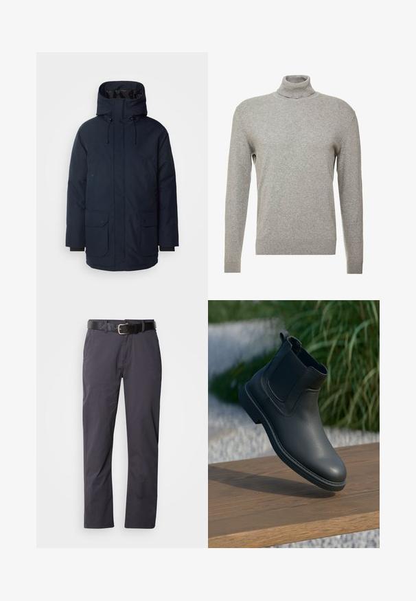 Marineblaue Parkajacke mit hohem Kragen, verstellbarem Kapuzen, zwei Fronttaschen mit Klappe und gerippten Bündchen. Hergestellt aus strukturiertem, wasserabweisendem Stoff.; Grauer Pullover mit hohem Kragen und langen Ärmeln. Hergestellt aus einem glatten, weichen Material mit taillierter Passform und gerippten Akzenten am Saum.; Schwarze Baumwollhosen mit geradem Schnitt, ausgestattet mit zwei Fronttaschen und einem Gürtel. Der Stoff hat eine glatte Textur und ein mattes Finish.; Schwarze Leder-Stiefelette mit elastischen Seitenpanelen, strukturierten Akzenten und Gummisohle; die Präsentation umfasst eine Holzoberfläche und Grünpflanzen.