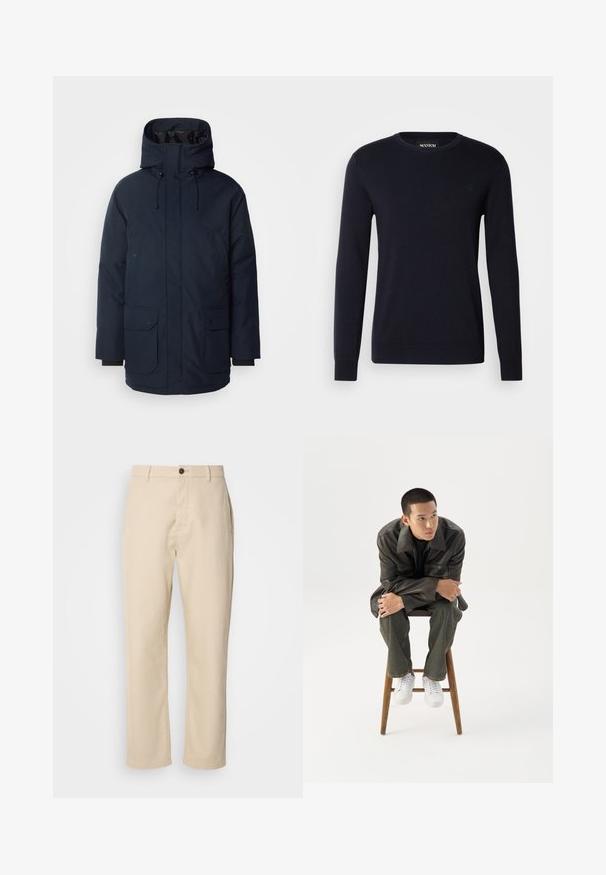 Marineblaue Parkajacke mit hohem Kragen, verstellbarem Kapuzen, zwei Fronttaschen mit Klappe und gerippten Bündchen. Hergestellt aus strukturiertem, wasserabweisendem Stoff.; Dunkelblauer Baumwollpullover mit langen Ärmeln, Rundhalsausschnitt und gerippten Bündchen. Mit einem kleinen Logo, das auf der Brust gestickt ist.; Beige Baumwollhosen mit geraden Beinen, einem Knopfverschluss vorne, Seitentaschen und einer glatten Textur. Minimalistisches Design, ohne sichtbare Muster.; Junger Mann in dunkler Lederjacke und Jeans sitzt auf einem Holzstuhl, lehnt sich mit verschränkten Armen nach vorne und schaut seitlich vor weißem Hintergrund.