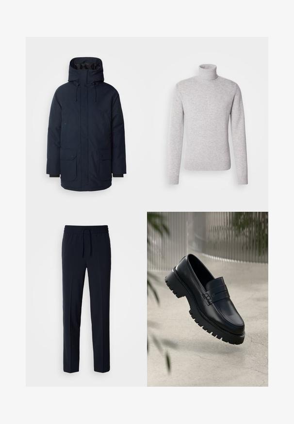 Parka de color azul marino con un collar alto, capucha ajustable, dos bolsillos frontales con solapa y puños acanalados. Fabricada con un tejido texturizado resistente al agua.; Jersey de cuello alto de color gris claro hecho de un suave tejido de punto. Presenta un cuello y puños acanalados. Forma clásica y ajustada con mangas largas.; Pantalones ligeros azul marino con cintura elástica y cordón ajustable, que presentan un diseño de corte recto y una textura suave.; Mocasines de cuero negro con suela gruesa, que presentan una correa decorativa y detalles de costura. Textura suave con un acabado pulido.