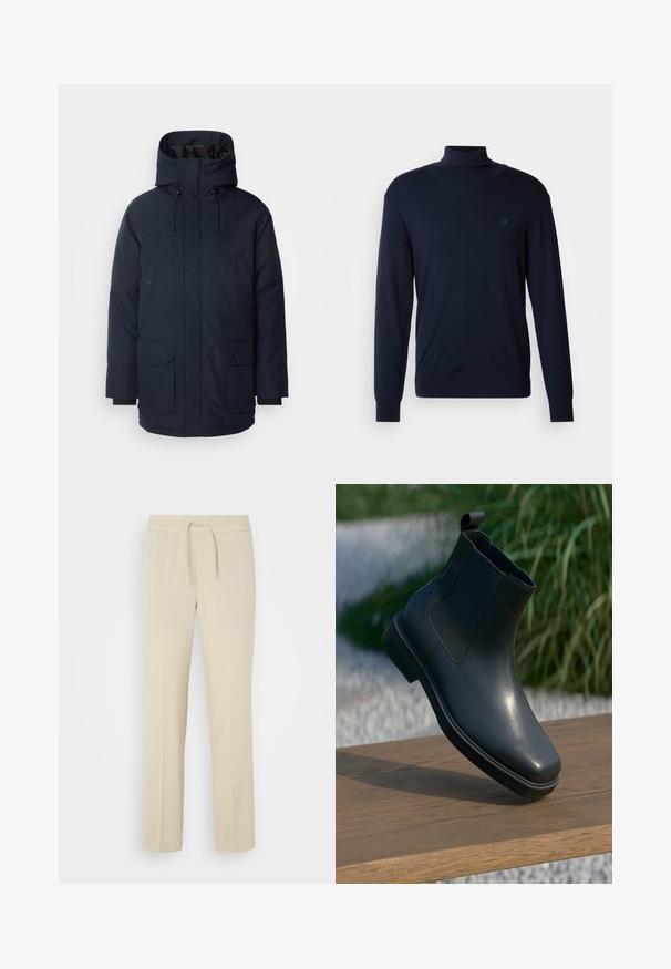 Marineblaue Parkajacke mit hohem Kragen, verstellbarem Kapuzen, zwei Fronttaschen mit Klappe und gerippten Bündchen. Hergestellt aus strukturiertem, wasserabweisendem Stoff.; Scotch & Soda TURTLENECK SWEATER - Strickpullover - insignia blue; Beige, elastische Hosen mit einem Kordelzug. Sie haben gerade Beine und eine glatte Textur, geeignet für Freizeit oder Entspannung.; Schwarze Leder-Ankleboots mit glatter Oberfläche, elastischen Seiten und einer Schlaufe als Zuglasche, die auf einer Holzoberfläche vor einem verschwommenen Hintergrund stehen.