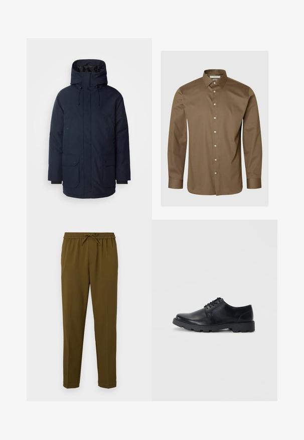 Navyblauwe parka-jas met een hoge kraag, verstelbare capuchon, twee voorste klepzakken en ribgebreide manchetten. Gemaakt van gestructureerde waterafstotende stof.; Bruin shirt met lange mouwen van gladde stof, voorzien van een button-down kraag en zichtbare knopen aan de voorkant. Heeft een afgeronde zoom en een getailleerde pasvorm.; Olijfgroene, lichtebroek met een elastische tailleband en verstelbare trekkoord. Heeft rechte pijpen en geen zakken. Gladde textuur.; Zwarte leren veterschoenen met een ronde neus, een laag profiel rubberen zool en subtiele stikdetails langs de randen.