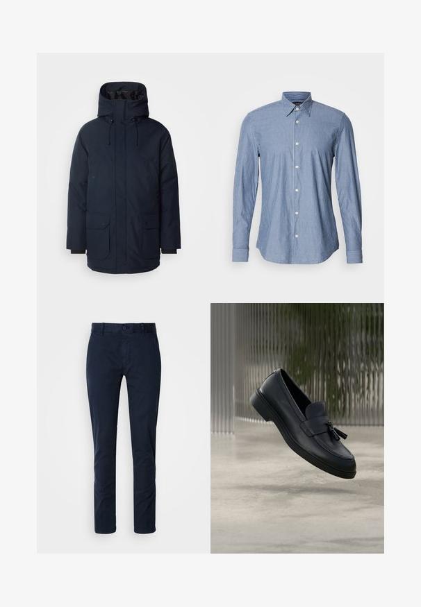 Navyblauwe parka-jas met een hoge kraag, verstelbare capuchon, twee voorste klepzakken en ribgebreide manchetten. Gemaakt van gestructureerde waterafstotende stof.; Heren overhemd met lange mouwen in blauw en wit met verticale strepen, voorzien van een kraag en knoopmanchetten, weergegeven op een witte achtergrond.; Donkerblauwe chinos gemaakt van een katoenmix. Voorzien van een knoopsluiting, riemlussen, recht gesneden ontwerp en een gladde textuur.; Zwarte leren loafers met een gladde textuur, een afgeronde neus en decoratieve kwastjes aan de voorkant. Flexibele rubberen zool met lage hak.
