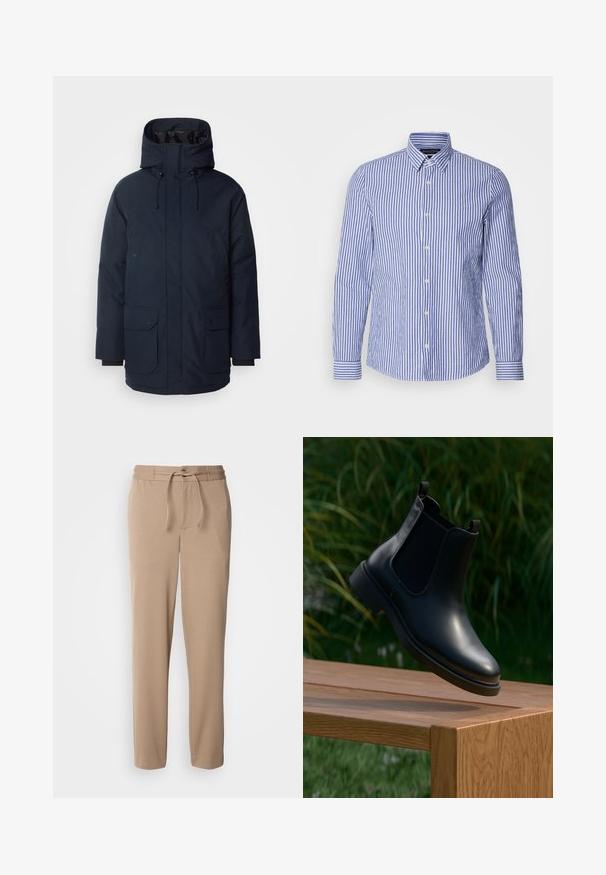 Marineblaue Parkajacke mit hohem Kragen, verstellbarem Kapuzen, zwei Fronttaschen mit Klappe und gerippten Bündchen. Hergestellt aus strukturiertem, wasserabweisendem Stoff.; Blau-weiß gestreifte Langarm-Button-Up-Bluse aus gewebter Baumwolle mit klassischem Kragen und abgerundetem Saum. Mit perlenartigen Knöpfen.; Beige Sweatpants aus weichem Baumwollmaterial, mit elastischem Bund, Kordelzug, slim fit und geraden Beinen ohne Muster.; Schwarze Leder-Stiefelette mit elastischen Seitenpaneelen, schwebend über einer hölzernen Bank, mit grünem Laub im Hintergrund.