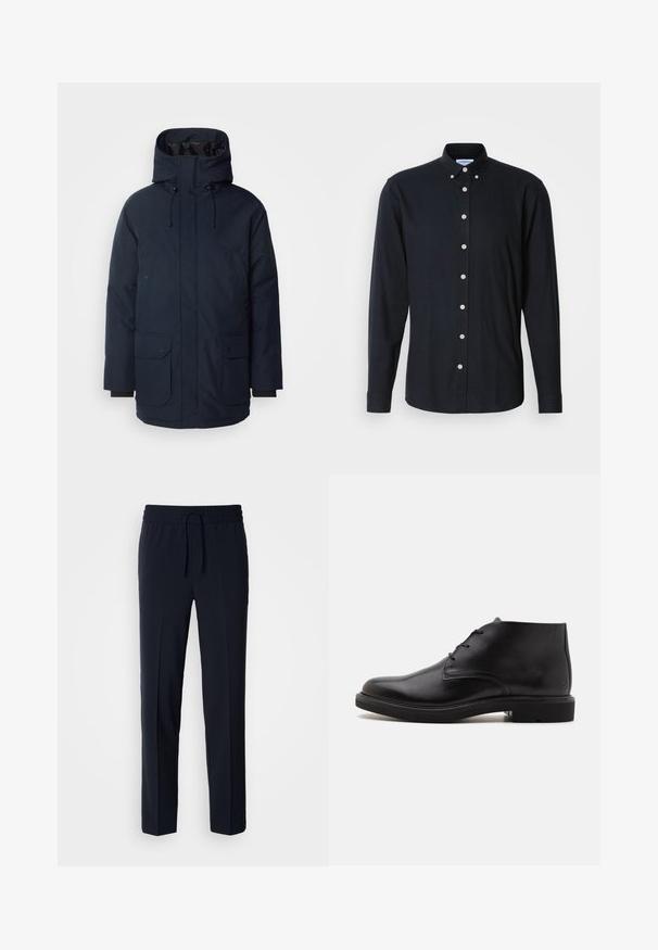 Navyblauwe parka-jas met een hoge kraag, verstelbare capuchon, twee voorste klepzakken en ribgebreide manchetten. Gemaakt van gestructureerde waterafstotende stof.; Donkerblauwe langarmshirt met een button-down kraag, een knoopsluiting aan de voorkant en lichtgekleurde knopen. Glad materiaal met een moderne pasvorm.; Marineblauwe, lichte broeken met een elastische tailleband en verstelbaar trekkoord, met een recht model en een gladde textuur.; Zwarte leren enkellaars met drie veterogen, een afgeronde neus en platte zool op een effen lichte achtergrond.