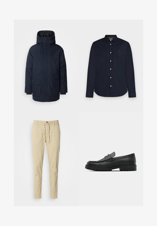 Navyblauwe parka-jas met een hoge kraag, verstelbare capuchon, twee voorste klepzakken en ribgebreide manchetten. Gemaakt van gestructureerde waterafstotende stof.; Heren lange mouwen marineblauw overhemd met kraag en witte knopen, weergegeven op een lichtgrijze achtergrond.; Beige, slim-fit broeken gemaakt van een katoenmix. Elastische tailleband met een koord, twee voorplooien en rechte pijpen.; Zwarte leren instappers met een ronde neus, voorzien van een gestikt ontwerp, een lage platformzool en een gestructureerde, grof rubberen buitenzool.