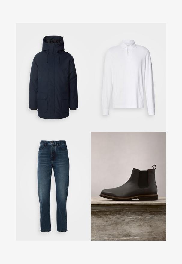 Navyblauwe parka-jas met een hoge kraag, verstelbare capuchon, twee voorste klepzakken en ribgebreide manchetten. Gemaakt van gestructureerde waterafstotende stof.; Witte lange mouwen polohemd met kraag en twee knopen, weergegeven op een lichtgrijze achtergrond.; Donkerblauwe recht gesneden jeans met een sluiting met knoop en rits aan de voorkant, vijf-pocket ontwerp en subtiele vervaging op de dijen en knieën.; Zwarte leren Chelsea boot met elastische zijkanten en een ronde neus, met een gestructureerde zool en subtiele stiksel details, verhoogd boven een houten oppervlak.