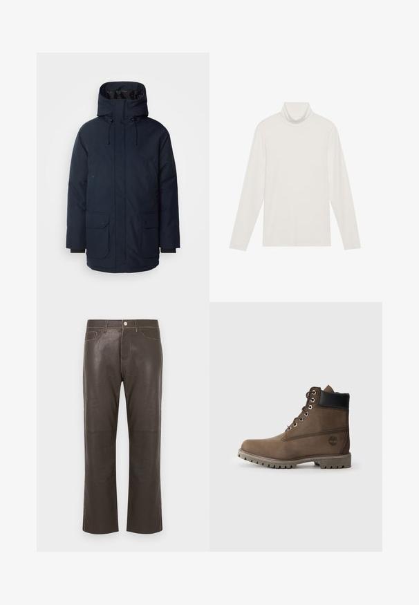 Mørkeblå parkajakke med høj krave, justerbar hætte, to frontlommer med klap og ribbede ærmer. Fremstillet af tekstureret vandafvisende stof.; Langærmet turtleneck top i hvid. Blødt, strækbart stof med en tætsiddende silhuet. Har en høj krave og minimal sømdetaljering.; Mørkebrune læderbukser med lige ben, forside med knap, lynlås, bæltestropper og kontrastsyninger.; Brune læder ankelstøvle med sort krave, metaløjer og slidstærk grå sål. Har logo på siden og syet detaljer.