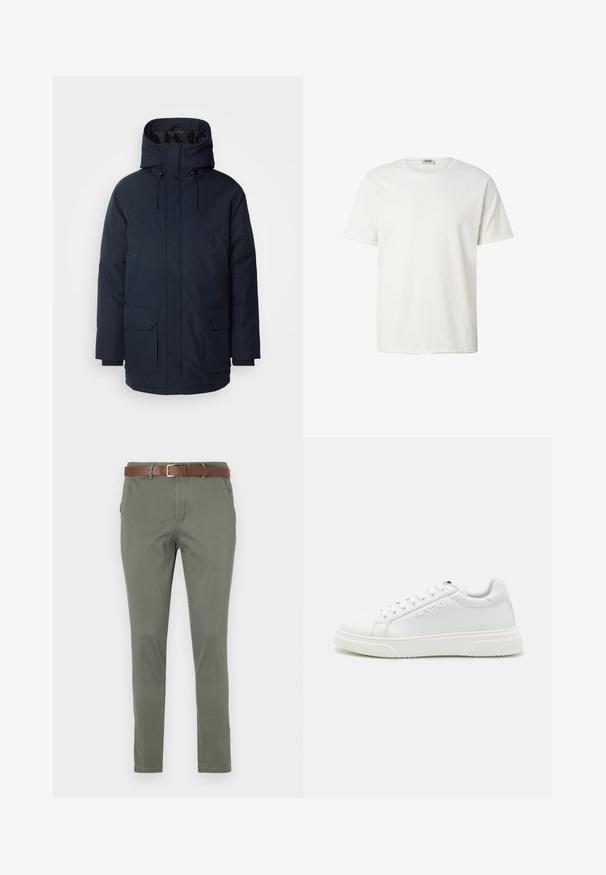 Marineblaue Parkajacke mit hohem Kragen, verstellbarem Kapuzen, zwei Fronttaschen mit Klappe und gerippten Bündchen. Hergestellt aus strukturiertem, wasserabweisendem Stoff.; Schlichtes weißes T-Shirt mit kurzen Ärmeln und rundem Halsausschnitt, auf weißem Hintergrund präsentiert, mit dem Markenlabel Drykorn im inneren Kragen.; Olivgrüne Chinos mit geradem Schnitt, ausgestattet mit einem braunen Ledergürtel, Seitentaschen und einem subtil strukturierten Stoff.; Weiße Leder-Sneaker mit einem niedrigen Design, ausgestattet mit tonalem Nähen und einer strukturierten Gummisohle. Branding ist an der Seite eingeprägt.