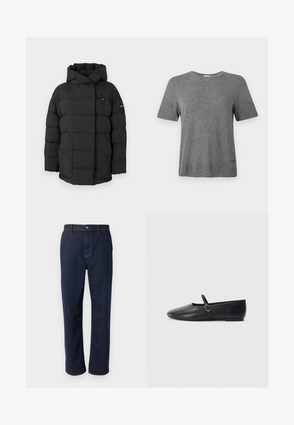 Doudoune noire avec capuche, présentant des sections matelassées, une fermeture éclair à l'avant et un petit patch logo sur l'épaule gauche. Texture lisse.; T-shirt gris à manches courtes en tissu doux. Col rond, coupe décontractée, avec un logo discret à l'ourlet. Texture lisse partout.; Jeans en denim bleu foncé avec une coupe droite, dotés d'une fermeture éclair, de poches avant et de coutures visibles dans une couleur contrastante.; Ballerines noires en cuir avec un bout pointu, une semelle plate et une petite sangle avec un détail de boucle en argent.
