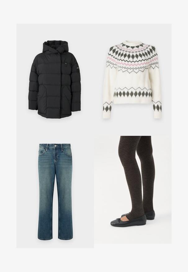 Doudoune noire avec capuche, présentant des sections matelassées, une fermeture éclair à l'avant et un petit patch logo sur l'épaule gauche. Texture lisse.; Pull en tricot blanc avec des motifs géométriques noirs et roses sur la poitrine, les manches et l'ourlet, présentant un col rond et des poignets côtelés.; Jean en denim bleu à coupe droite, taille mi-haute, cinq poches et légère décoloration. Fermeture par bouton et passants pour ceinture inclus.; Jambes portant des leggings côtelés foncés associés à des ballerines noires avec de petits détails en nœud sur fond blanc.