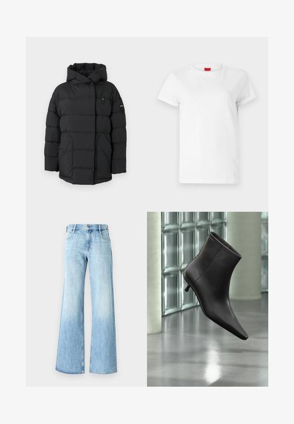 Doudoune noire avec capuche, présentant des sections matelassées, une fermeture éclair à l'avant et un petit patch logo sur l'épaule gauche. Texture lisse.; T-shirt blanc à manches courtes en coton léger. Présente un col rond et des manches retroussées. Étiquette logo rouge sur le col.; Jeans en denim bleu clair évasés avec une taille haute, un design classique à cinq poches et une fermeture à bouton, avec un léger dégradé près de l'ourlet.; Bottine en cuir noir avec bout pointu et petit talon, présentée devant un mur en blocs de verre et un sol poli.