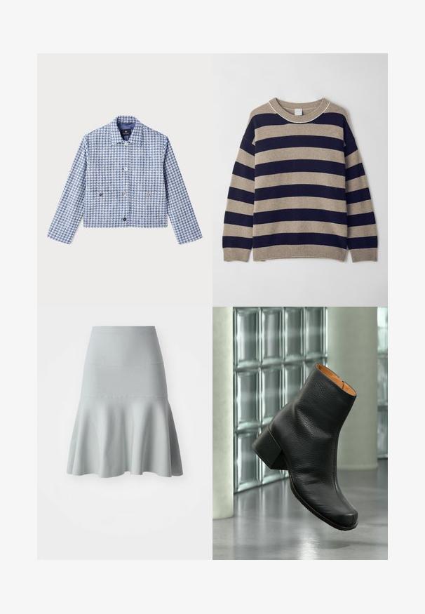 PS Paul Smith Cowboyjakker - blue; Stribet sweater i beige og marineblå, lavet af blødt materiale. Har en rund hals, sænkede skuldre og ribbet manchetter og kant.; Lyseblå udvidet nederdel lavet af et tekstureret stof. Har en tætsiddende talje og en blød, bølget kant. Enkel design uden mønstre.; Sort struktureret læderankelstøvle med blokhæle, vist indendørs på en reflekterende gulv med glasblokbaggrund.