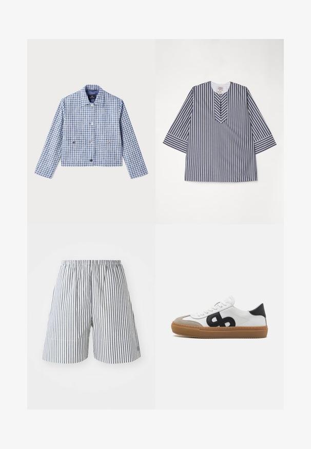 PS Paul Smith Spijkerjas - blue; Gestreepte katoenen tuniek met een V-hals, driekwart mouwen, marineblauwe en witte verticale strepen en een relaxte pasvorm. Platte naden en zoom.; Gestreepte shorts in navy en wit katoen, met een elastische tailleband en een relaxte pasvorm. Midden-dij lengte met subtiele stikseldetails.; Witte leren sneaker met zwart logo, suede accenten en een gumkleurige zool. Voorzien van platte witte veters en een rond toelopend ontwerp.