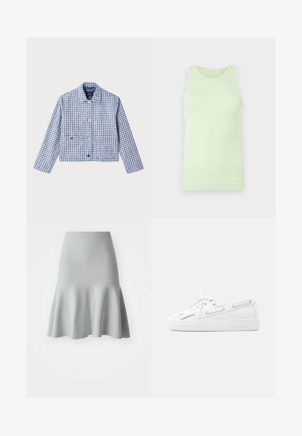 PS Paul Smith Chaqueta vaquera - blue; Camiseta sin mangas de color verde claro con cuello redondo, tejido liso y detalle sutil del logo en el dobladillo inferior.; Falda acampanada de color azul claro hecha de una tela texturizada. Presenta una cintura ajustada y un dobladillo suave y ondulado. Diseño simple sin patrones.; Zapato náutico de cuero blanco con cordones en la parte delantera, ojales laterales, detalle de borla y suela plana de goma sobre fondo claro liso.