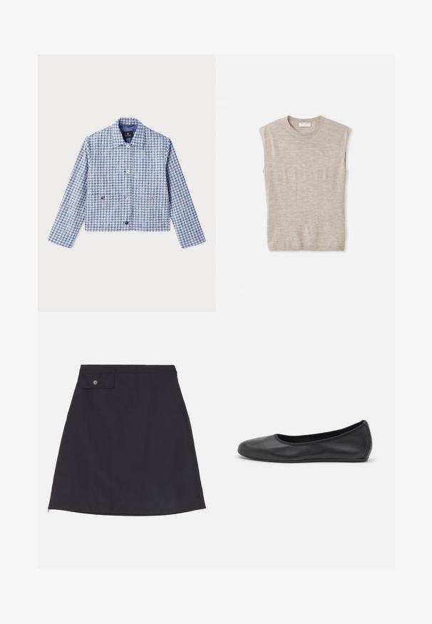 PS Paul Smith Spijkerjas - blue; Lichtbeige mouwloze top van zacht materiaal, met een ronde hals, strakke lijnen en een iets losse pasvorm. Minimalistisch ontwerp.; Zwarte katoen rok met een rechte silhouet, voorzien van een knoopzak, zijrits en een gladde stofstructuur.; Zwarte leren ballerina met een ronde neus, gladde textuur, minimale stikdetails en een flexibele zoolontwerp.