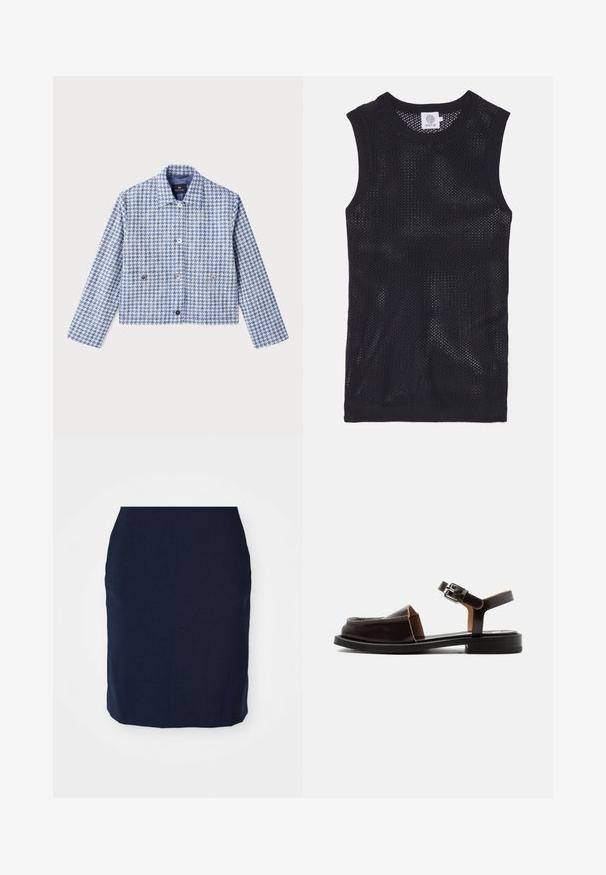 PS Paul Smith Τζιν μπουφάν - blue; Μαύρη αμάνικη μπλούζα από δίχτυ, με στρογγυλή λαιμόκοψη και ριμπ τελειώματα, με ελαφρύ και αεριζόμενο σχέδιο.; Ναυτικό μολυβένιο φούστα φτιαγμένη από υφασμάτινη υφή, στο ύψος του γονάτου, με εφαρμοστή γραμμή και χωρίς ορατούς κλειστές ή διακοσμητικά στοιχεία.; Σκούρο καφέ δερμάτινο σανδάλι με ανοιχτά δάχτυλα, λουράκι στον αστράγαλο και ασημένια αγκράφα, χαμηλό τακούνι και κλειστό πάνω μέρος με κοψίματα.