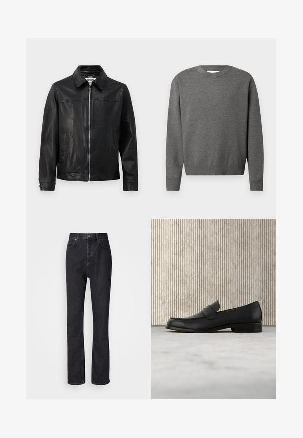 Zwarte leren jas met een kraaghalslijn, ritssluiting aan de voorkant en zijzakken. Glad textuur met minimale stikseldetails.; Grijze crewneck sweater van zacht breisel. Heeft lange mouwen en ribgebreide boorden en onderkant. Minimalistisch design zonder zichtbare logo's.; Hoge taille zwarte denim jeans met een knoop- en ritssluiting, voor- en achterzakken en een rechte pasvorm.; Zwarte leren loafer zweeft boven een beige tapijt met op de achtergrond een glanzende, ronde, bruine tafel.