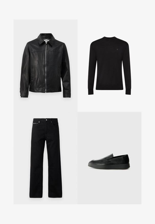 Sort læderjakke med krave, lynlås foran og sidelommer. Glat tekstur med minimale syninger.; Sort langærmet sweater med rund hals og lille diskret logo på venstre øvre bryst samt ribbet manchetter og kant.; Sorte denim jeans med lige ben, fem lommer og et logo-tag foran, med metalbeslag og en glat tekstur.; Calvin Klein HYBRID CUP - Loafers - triple black