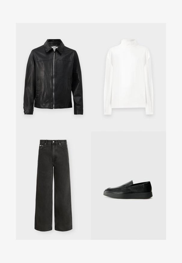 Sort læderjakke med krave, lynlås foran og sidelommer. Glat tekstur med minimale syninger.; Hvid langærmet turtleneck top med en glat tekstur, der har en høj halsudskæring og drop skuldersømme for en afslappet pasform.; Sorte jeans med høj talje og vide ben med knap- og lynlås-lukning, for- og baglommer, vist mod en hvid baggrund.; Calvin Klein HYBRID CUP - Loafers - triple black