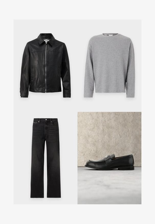 Zwarte leren jas met een kraaghalslijn, ritssluiting aan de voorkant en zijzakken. Glad textuur met minimale stikseldetails.; Lichtgrijze trui met lange mouwen en ronde hals, met een eenvoudige, effen gebreide textuur, afgebeeld tegen een witte achtergrond.; Zwarte jeans met rechte pijpen, vijf zakken, riemlussen en knoopsluiting, weergegeven op een witte achtergrond.; Zwarte leren loafer met een metalen merktekenplaatje, rustend bij een bruine ronde tafel op een beige tapijtvloer.
