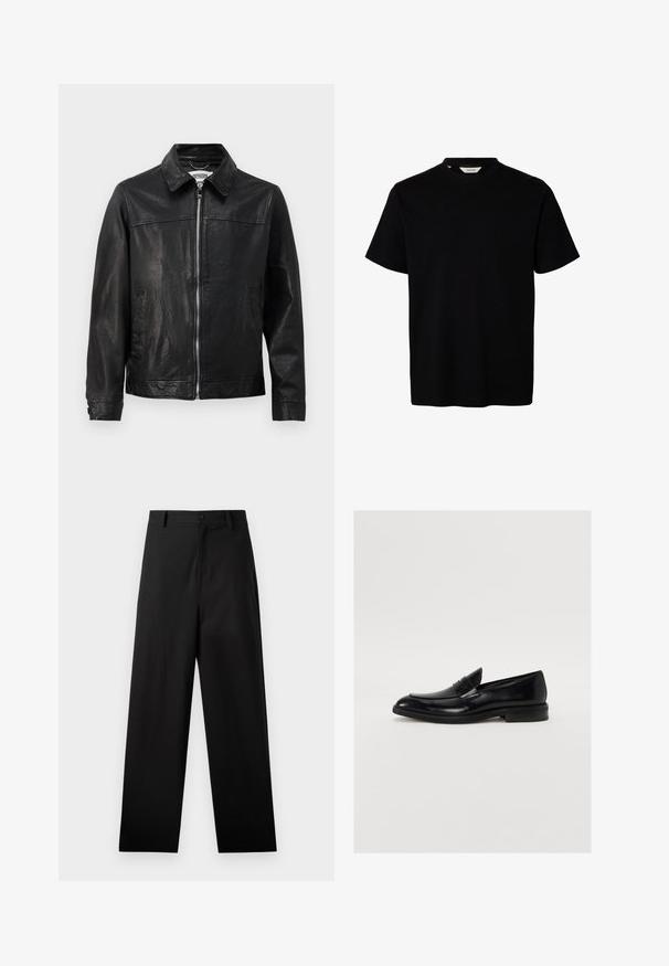 Zwarte leren jas met een kraaghalslijn, ritssluiting aan de voorkant en zijzakken. Glad textuur met minimale stikseldetails.; Zwarte T-shirt met korte mouwen en een ronde hals, eenvoudig ontwerp, weergegeven op een witte achtergrond.; Zwarte broek van katoen met een rechte pijpdesign, voorzien van een sluiting met een knoop aan de voorkant en zijzakken. Gladde textuur, geen patronen.; Zwarte leren instapper met ronde neus, subtiele stiksels en een gladde afwerking. Beschikt over een lage gestapelde hak en een band over de wreef.