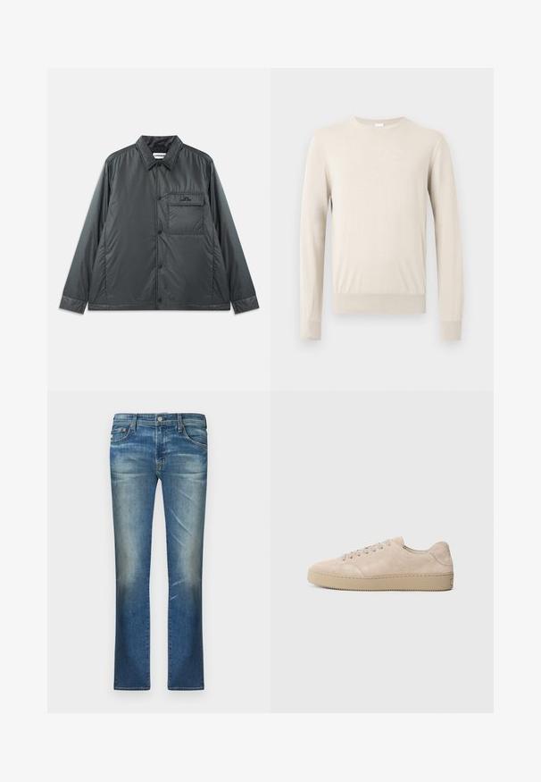 Mørk grå, letvægts, knap-op jakke med en spids krave, lange ærmer og en enkelt brystlomme. Glat, skinnende stof med minimal hardware.; Langærmet beige sweater med rund hals og ribstrikkede manchetter og kant, vist mod en ensfarvet lys baggrund.; Lysblå denim jeans med slim fit, falmede for, lige ben, traditionelt fem-lomme design og metalknaplukning i taljen.; Beige ruskinds sneaker med en rund tå, flade snørebånd og en tekstureret gummisål. Minimalistisk design med glatte kanter og diskret syning.