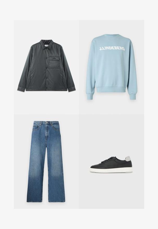 Donkergrijze, lichte, knoopsluiting jas met een puntkraag, lange mouwen en een enkele borstzak. Gladde, glanzende stof met minimale hardware.; Lichtblauwe sweatshirt van zachte stof, met een witte logo-opdruk aan de voorkant, een ronde halslijn en geribbelde boorden en zoom.; Lange blauwe denim jeans met een klassiek vijf-pocket ontwerp, voor sluiting met een knoop en een lichte vervaging voor textuur.; Zwarte lage sneaker met witte zool en grijze hieltab, zijaanzicht op een effen witte achtergrond.