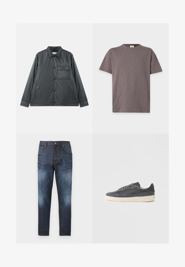 Mørk grå, letvægts, knap-op jakke med en spids krave, lange ærmer og en enkelt brystlomme. Glat, skinnende stof med minimal hardware.; Plain kortærmet crew-neck t-shirt i dæmpet brun farve med subtil tekstur og lille logo nær nederste højre side.; Mørkeblå jeans med tætsiddende pasform, med falmede områder på lår og knæ, forlommer, bæltestropper og knaplukning ved taljen.; Mørkegrå sneakers lavet af læder og ruskind med lavt snit, med en cremefarvet gummisål og flade snørebånd.