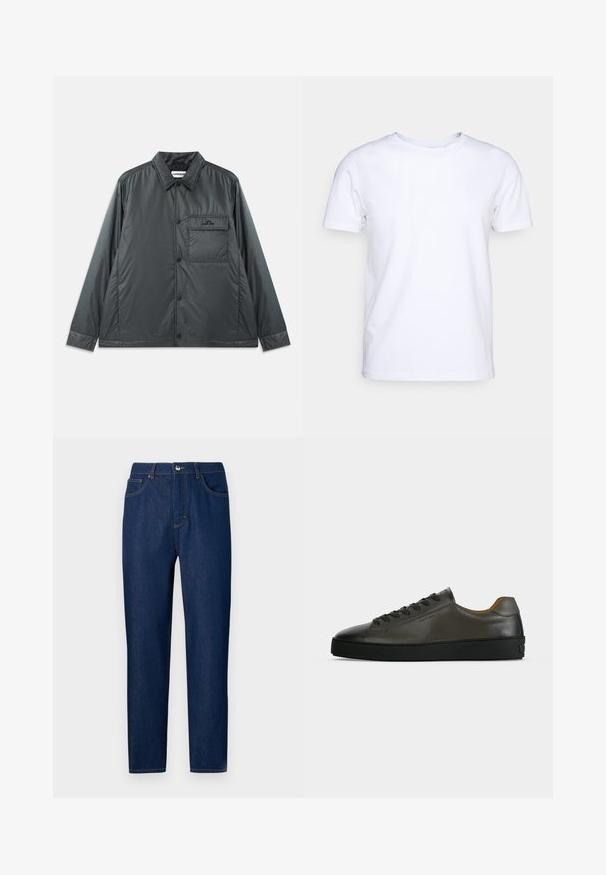 Mørk grå, letvægts, knap-op jakke med en spids krave, lange ærmer og en enkelt brystlomme. Glat, skinnende stof med minimal hardware.; Hvid kortærmet t-shirt i bomuldsstof med rund halsudskæring. Enkel design uden mønstre eller detaljer. Glat tekstur.; Les Benjamins Jeans Straight Leg - rinse wash; Lavtskåret mørkegrå læder sneaker med sorte snørebånd og sål, minimalistisk design, sideprofil på en ensfarvet lys baggrund.