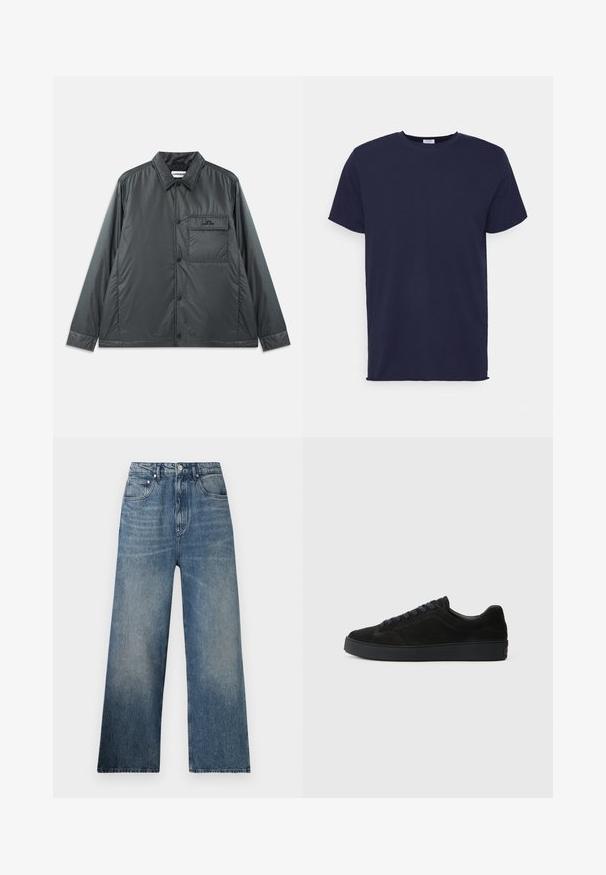 Mørk grå, letvægts, knap-op jakke med en spids krave, lange ærmer og en enkelt brystlomme. Glat, skinnende stof med minimal hardware.; Marineblå kortærmet t-shirt lavet af blødt stof. Har rund halsudskæring og en lige pasform uden mønstre eller accenter.; Blå denim bredbenede jeans med høj talje, subtilt slid, fem lommer og metalknaplukning foran.; Sort semsket sneakers med en flad, tekstureret sål, rund tå, seks snørrehuller og et minimalistisk design.