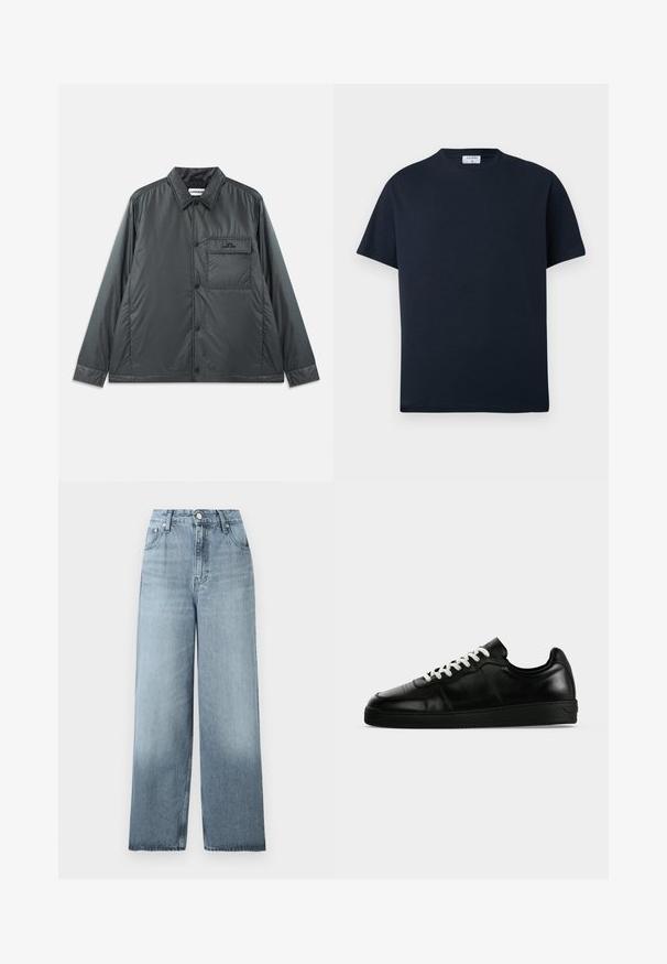 Chaqueta abotonada ligera de color gris oscuro con cuello puntiagudo, mangas largas y un bolsillo en el pecho. Tela suave y brillante con un hardware mínimo.; Camiseta negra de manga corta con cuello redondo y una pequeña etiqueta blanca en el interior del cuello que muestra el nombre de la marca.; Vaqueros de pierna ancha, talle alto en color azul claro con cierre de botón y cremallera, bolsillos delanteros y presillas para cinturón sobre un fondo liso.; Zapatilla baja de piel negra con cordones blancos, suela negra plana y detalles sutiles de costura, mostrada de perfil lateral sobre fondo gris.