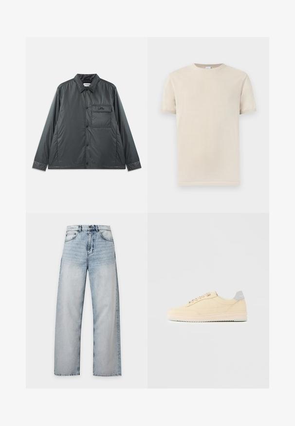 Mørk grå, letvægts, knap-op jakke med en spids krave, lange ærmer og en enkelt brystlomme. Glat, skinnende stof med minimal hardware.; Beige kortærmet t-shirt med rund hals og ribkant ved hals og ærmer, vist mod en ensartet lys baggrund.; Lyseblåvasket denimjeans med straight ben, klassisk fem-lomme design og knaplukning i taljen.; Beige lavtop sneaker med snørelukning foran, lyserød sål og grå hællap med mærket "Filling Pieces", vist i profil på ensfarvet baggrund.
