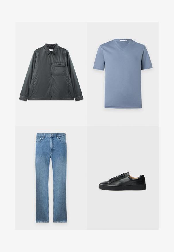 Dunkelgraue, leichte, knöpfbare Jacke mit einem Spitzkragen, langen Ärmeln und einer Brusttasche. Glattes, glänzendes Material mit minimaler Hardware.; Hellblaues, kurzärmeliges V-Ausschnitt-T-Shirt mit glatter Stoffstruktur und einem "Tiger of Sweden"-Etikett im Kragen.; Hellblaue Jeans aus Denim mit geradem Schnitt, fünf Taschen, einem Reißverschluss und kontrastierender Naht. Der Stoff hat eine glatte, strukturierte Oberfläche.; Schwarze Leder-Sneaker mit glatter Textur, runder Zehenpartie und Schnürverschluss. Verfügt über eine dicke Gummisohle und minimalistische Marken-Details.