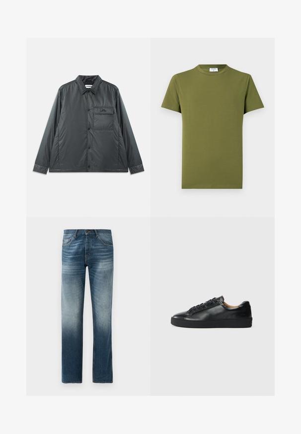 Donkergrijze, lichte, knoopsluiting jas met een puntkraag, lange mouwen en een enkele borstzak. Gladde, glanzende stof met minimale hardware.; Olijfgroen T-shirt met korte mouwen gemaakt van zachte, gladde stof. Klassieke ronde hals, strakke lijnen, zonder zichtbare patronen of accenten.; Denim jeans in donkerblauw vervaging, rechte pijpontwerp. Voorzien van vijf zakken, standaard tailleband met riemlussen, en metalen knoopsluiting.; Zwarte leren sneaker met een gladde textuur, ronde neus en vetersluiting. Heeft een dikke rubberen zool en minimale merkaanpassing.