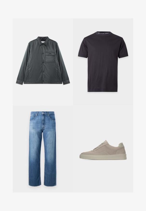 Mørk grå, letvægts, knap-op jakke med en spids krave, lange ærmer og en enkelt brystlomme. Glat, skinnende stof med minimal hardware.; Enkelt sort t-shirt med korte ærmer og rund halsudskæring med et lille tonet logo på venstre bryst og en mærket halsmærkat.; Blå straight-cut denimjeans med forlommer, bæltestropper, knaplukning og diskrete falmede områder på lår og knæ.; Beige ruskindssneakers med en tekstureret finish, rund tå og tonale snørebånd. Har en tyk gummisål og diskret branding på hælen.